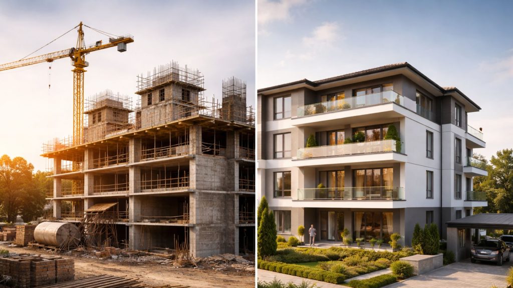Vorher Nachher Bild eines Gebäudes beim Bau